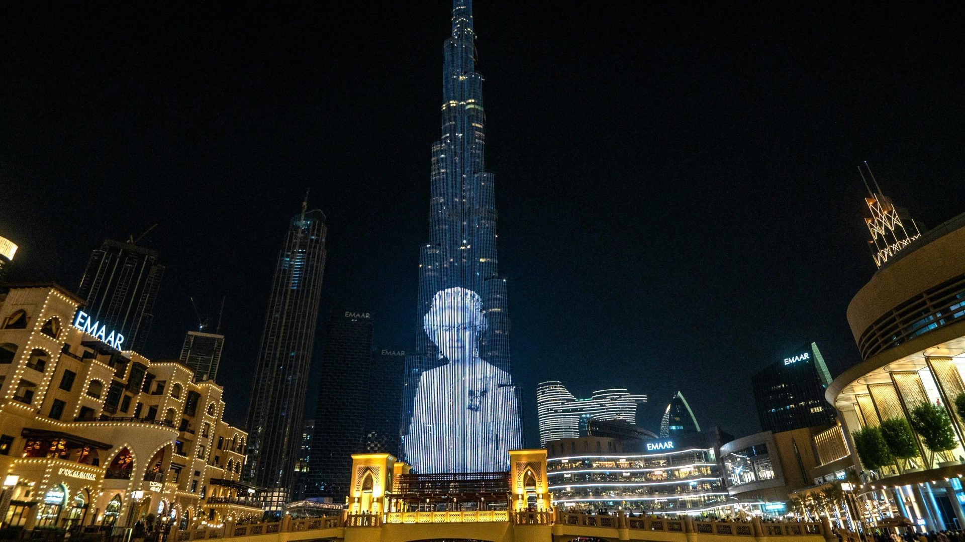 Burj Khalifa in Dubai illuminated with likeness of the Queen
