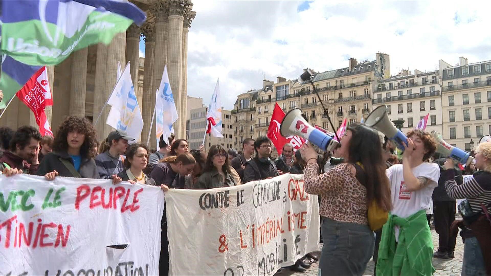 Young pro-Palestinian protesters rally at Paris' Pantheon