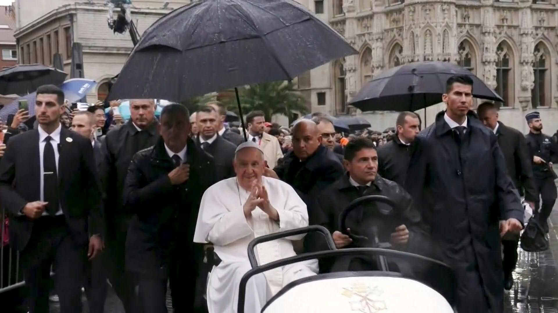 Pope Francis greets the crowd in Belgian town Leuven