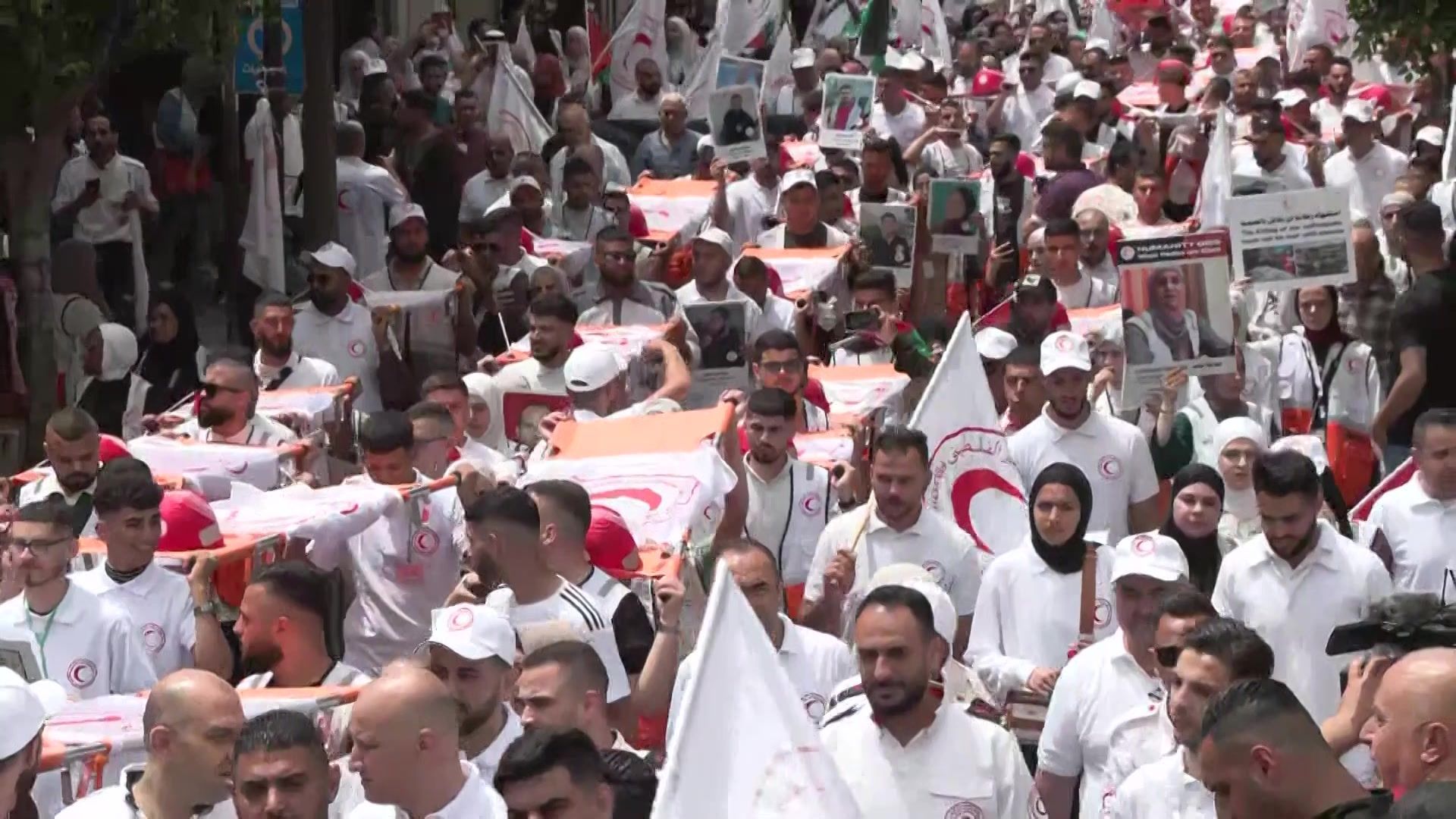Palestinian Red Crescent workers rally in Ramallah for protection