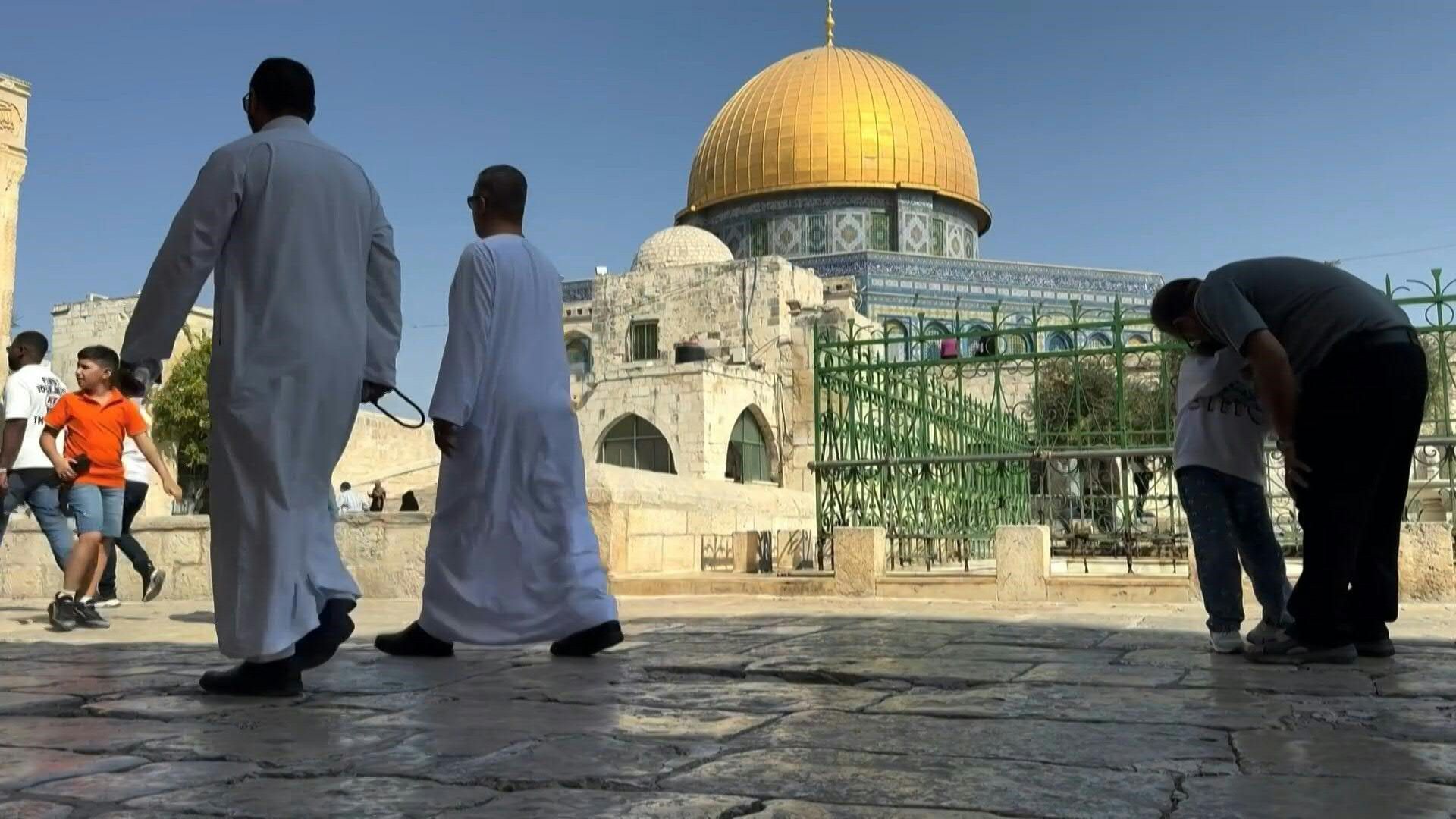 Muslim worshippers perform Friday prayers at Al-Aqsa compound in Jerusalem