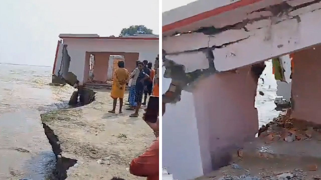 Untergrund weggespült: Schule in Indien stürzt in Fluss