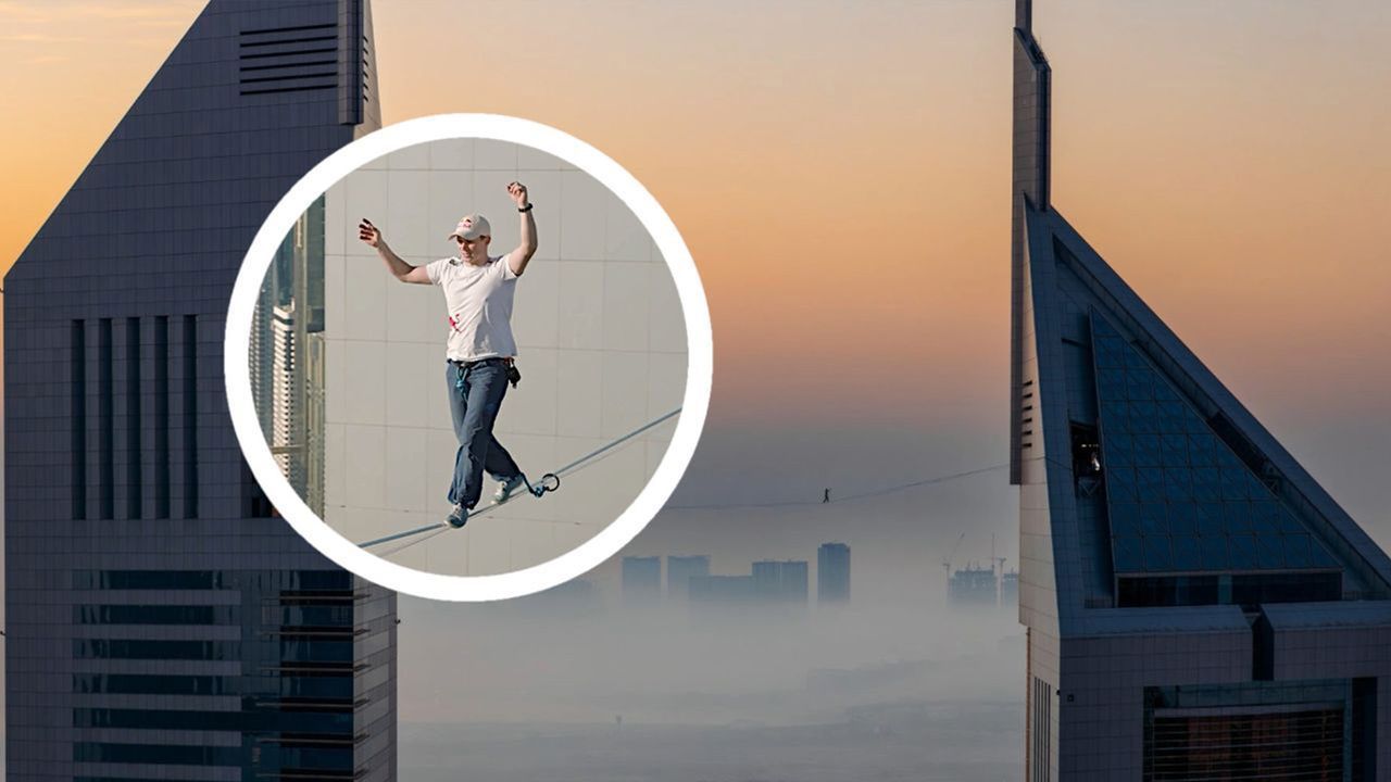 Zwischen Dubais Wolkenkratzern: Slackliner schwebt in 200 Metern am Himmel