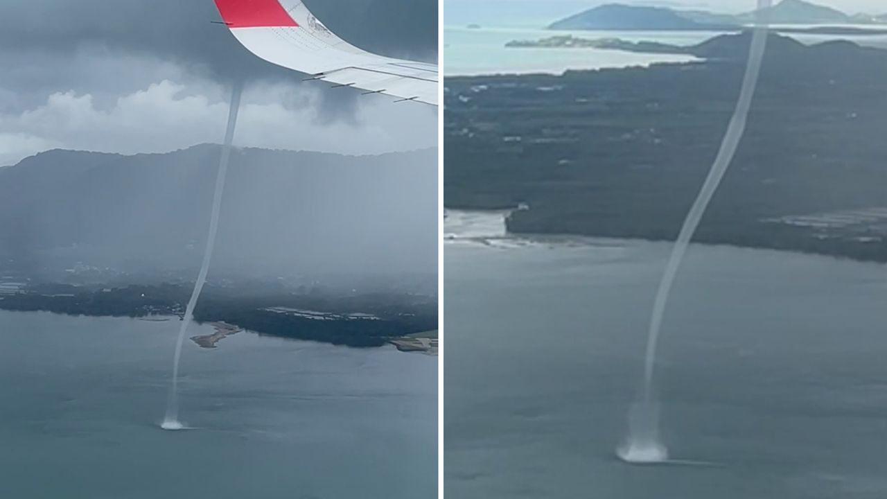 Video: Wirbelwind im Parallelflug: Flugzeugpassagiere filmen Wasserhose