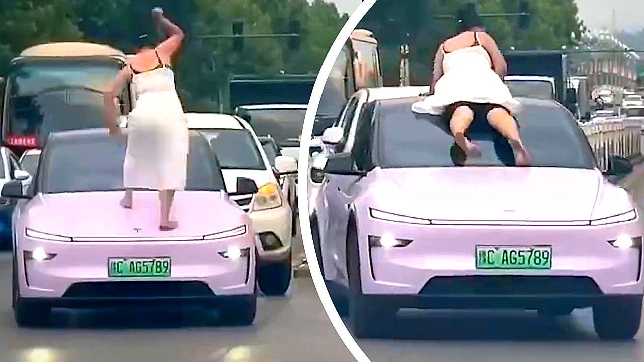 Video: Frau klettert auf rosa Tesla und fährt auf Windschutzscheibe mit