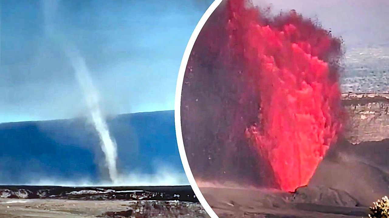 Tanz der Naturgewalten: Staubteufel fegt über feuerspuckenden Vulkan