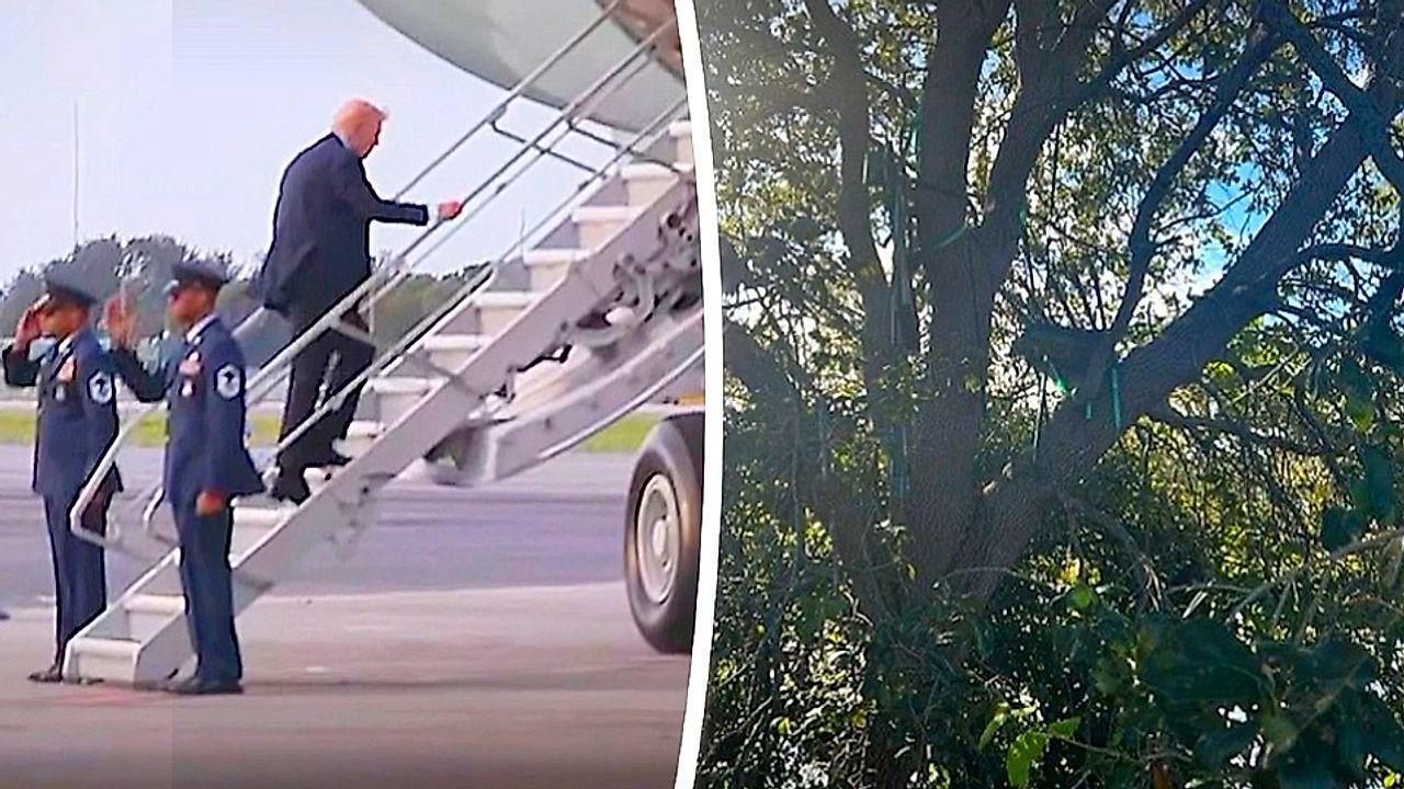 Trump boards Air Force One via small stairs after suspicious hunting stand found