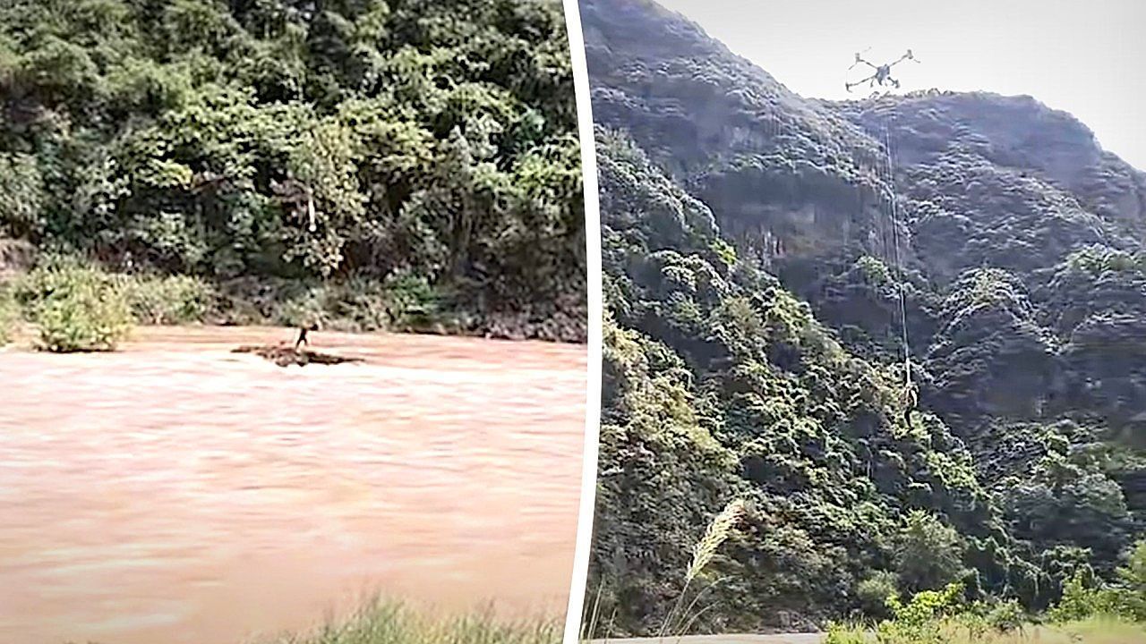 Heroic rescue: Drone lifts stranded fisherman to safety during sudden flood