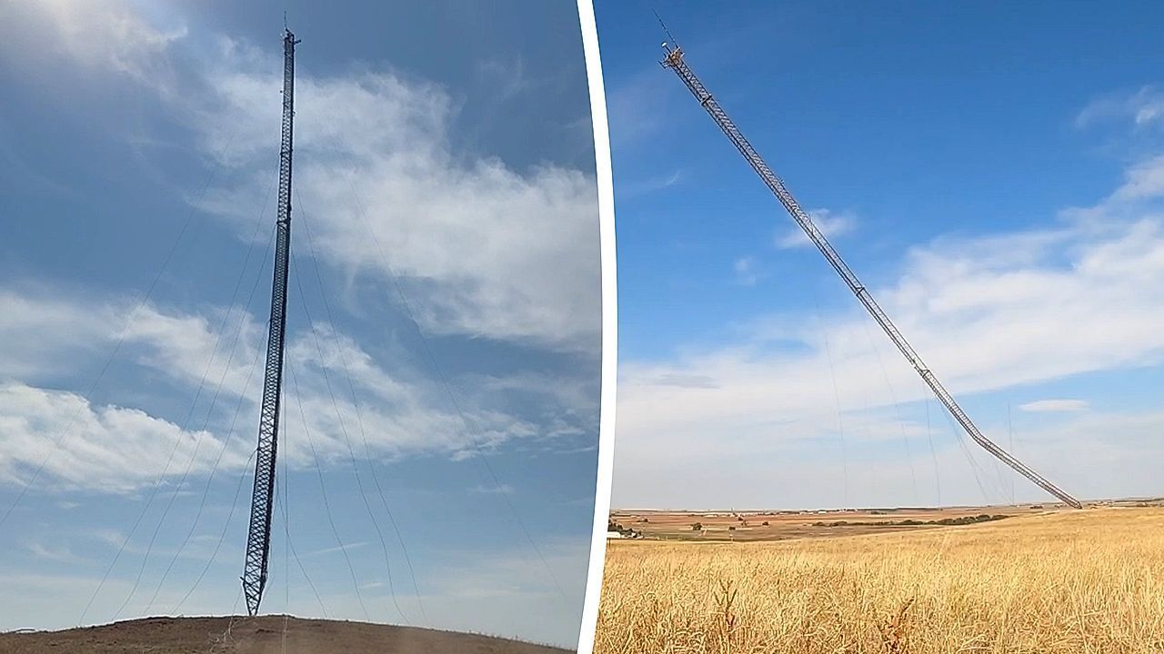 Video: 120-Meter-Turm kippt um: Funkmast in Oklahoma stürzt spektakulär in sich zusammen