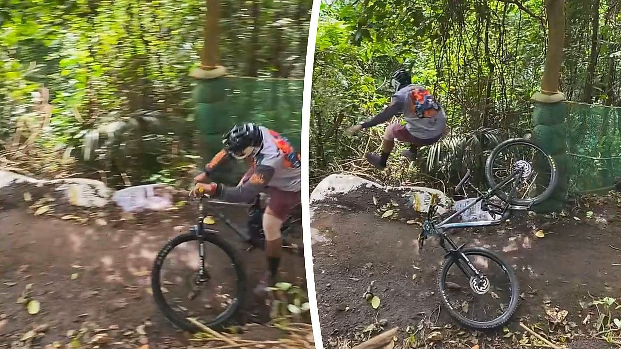 Mountain biker 'ejects' out of seat while riding down mountain trail