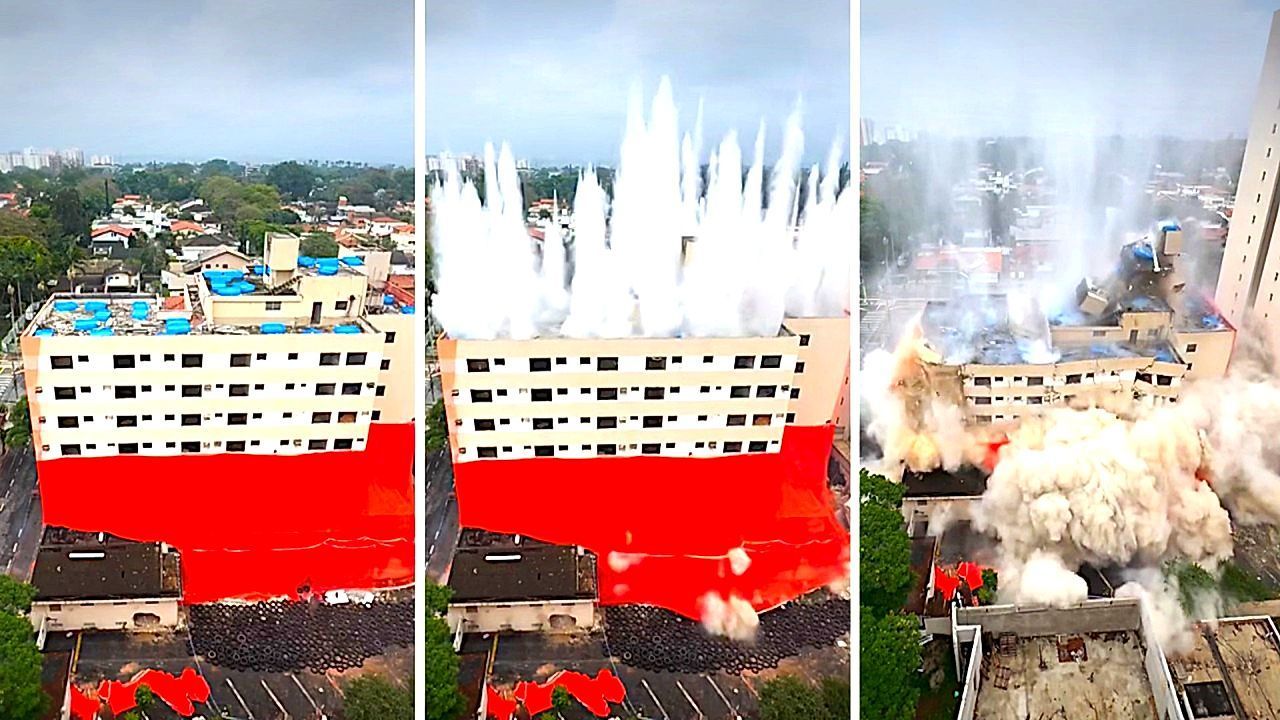 Iconic Brazil hotel demolished in mere seconds during controlled implosion