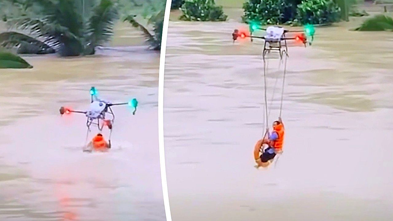 Video: Drone pulls out stranded fisherman from rising floodwaters in Vietnam