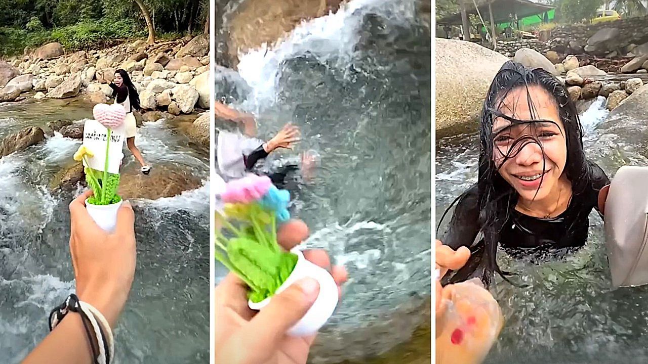 Video: Fast ins Wasser gefallen: Heiratsantrag geht plötzlich nach hinten los