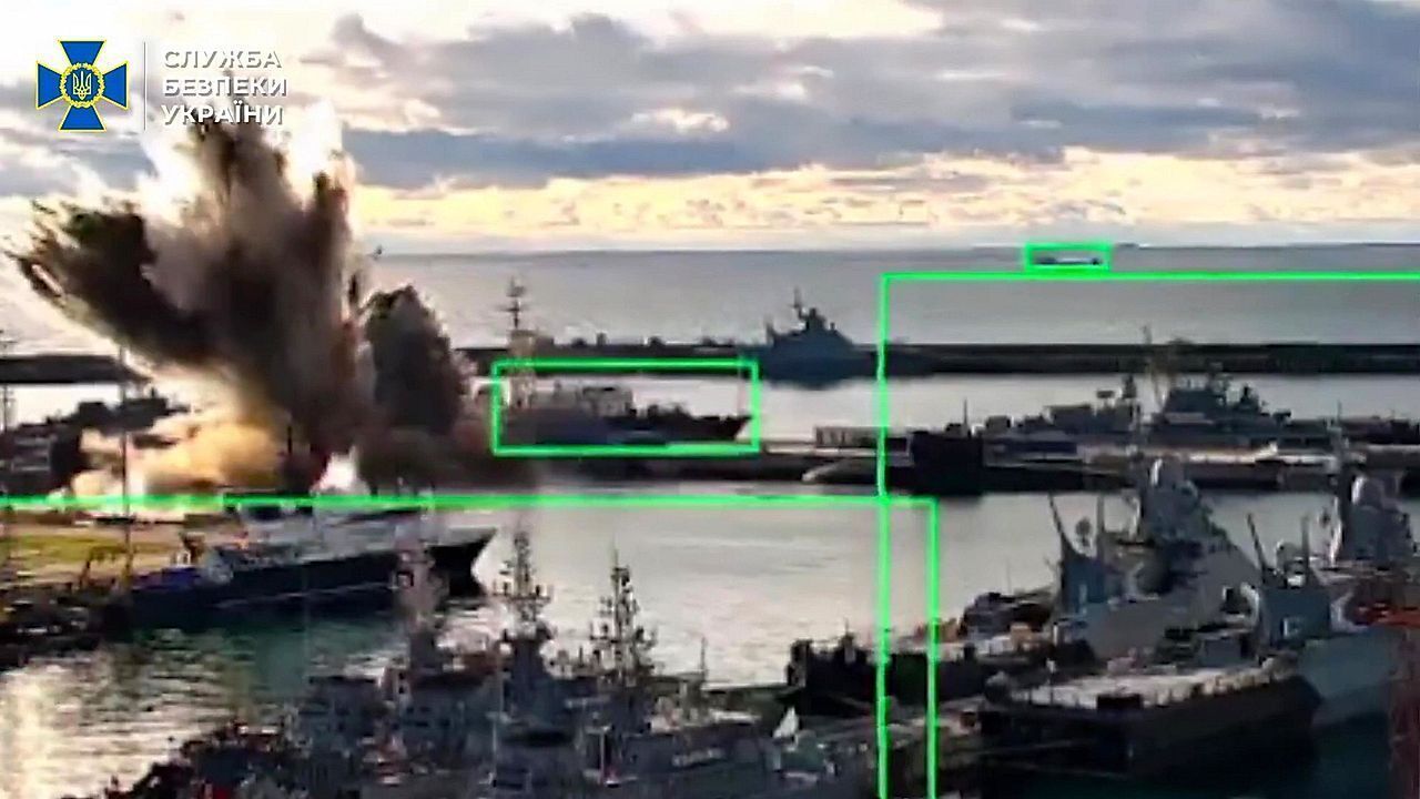Video: Shocking moment $400 million Russian submarine hit by underwater drones