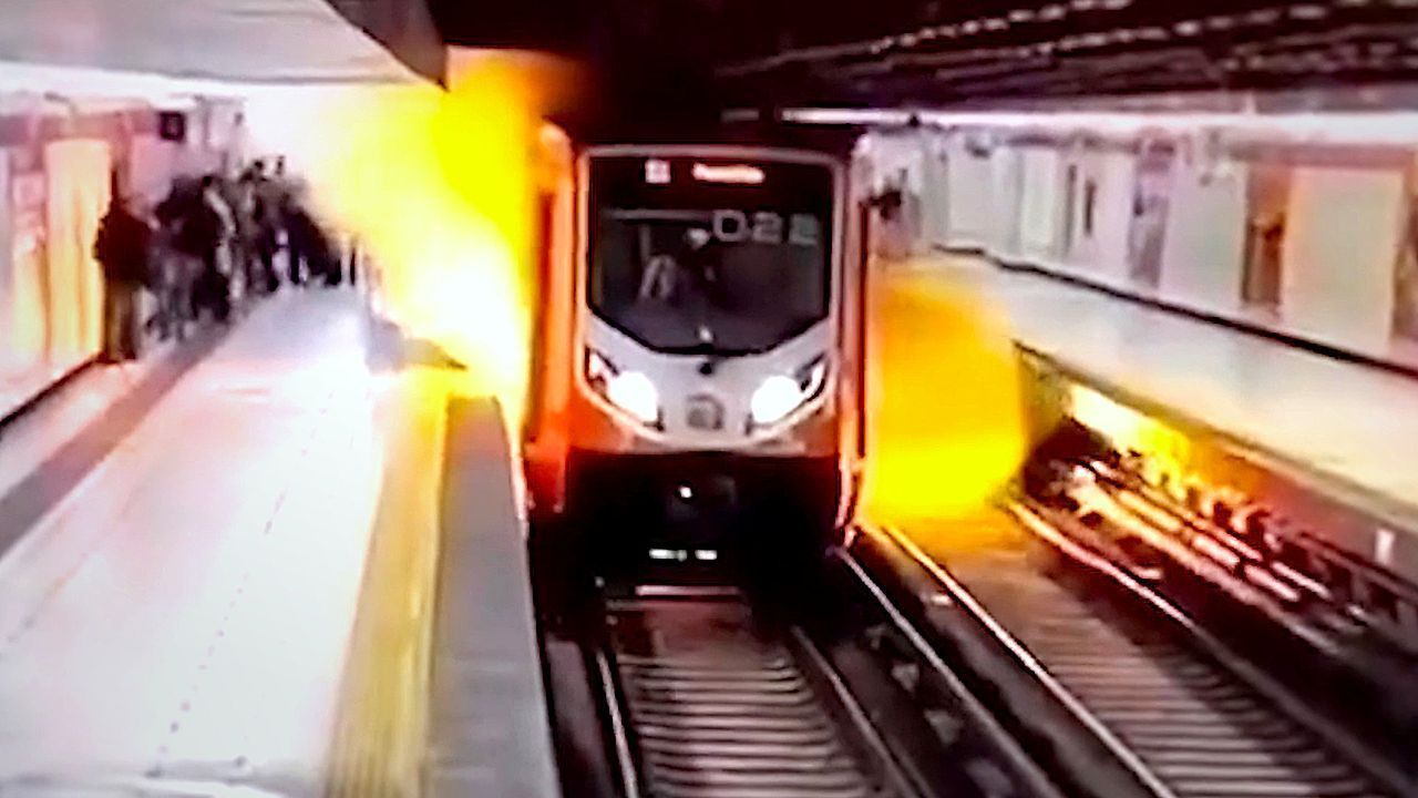 Video: Explosion captured on CCTV as train approaches subway station in Mexico