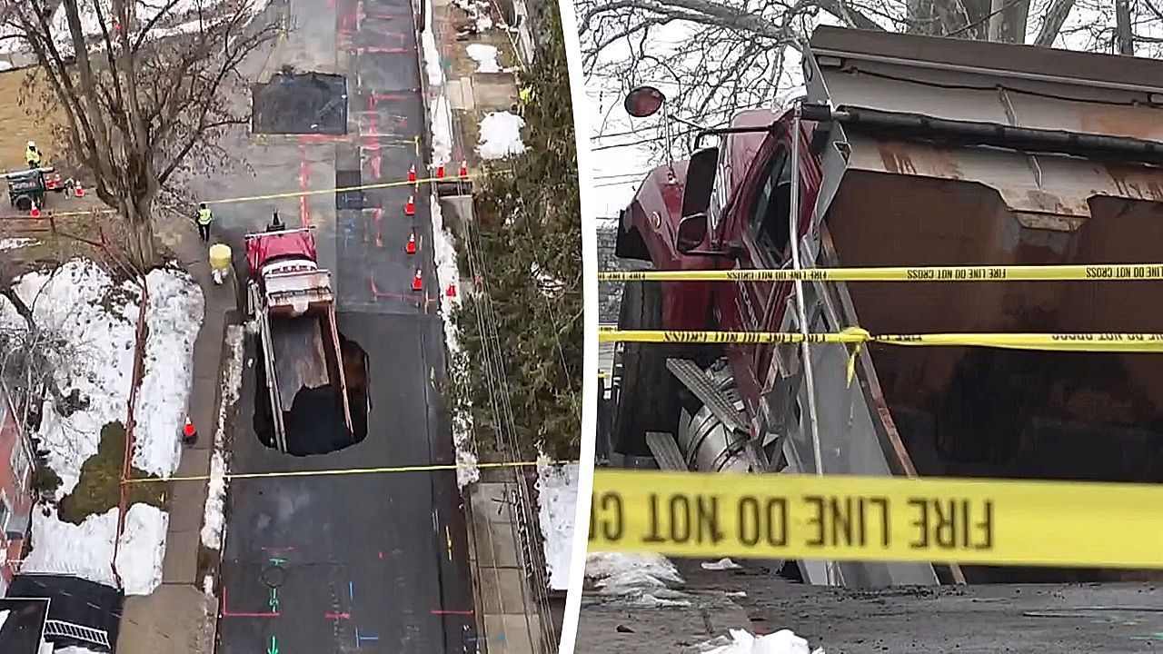 Video: Straße verschluckt Lkw: Senklöcher sorgen in New Jersey für Panik
