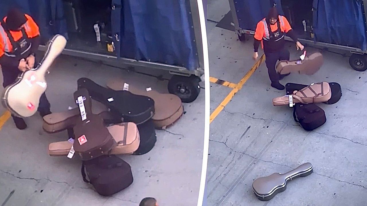 Video: Null Respekt: Flughafenmitarbeiter wirft Gitarrenkoffer durch die Gegend  
