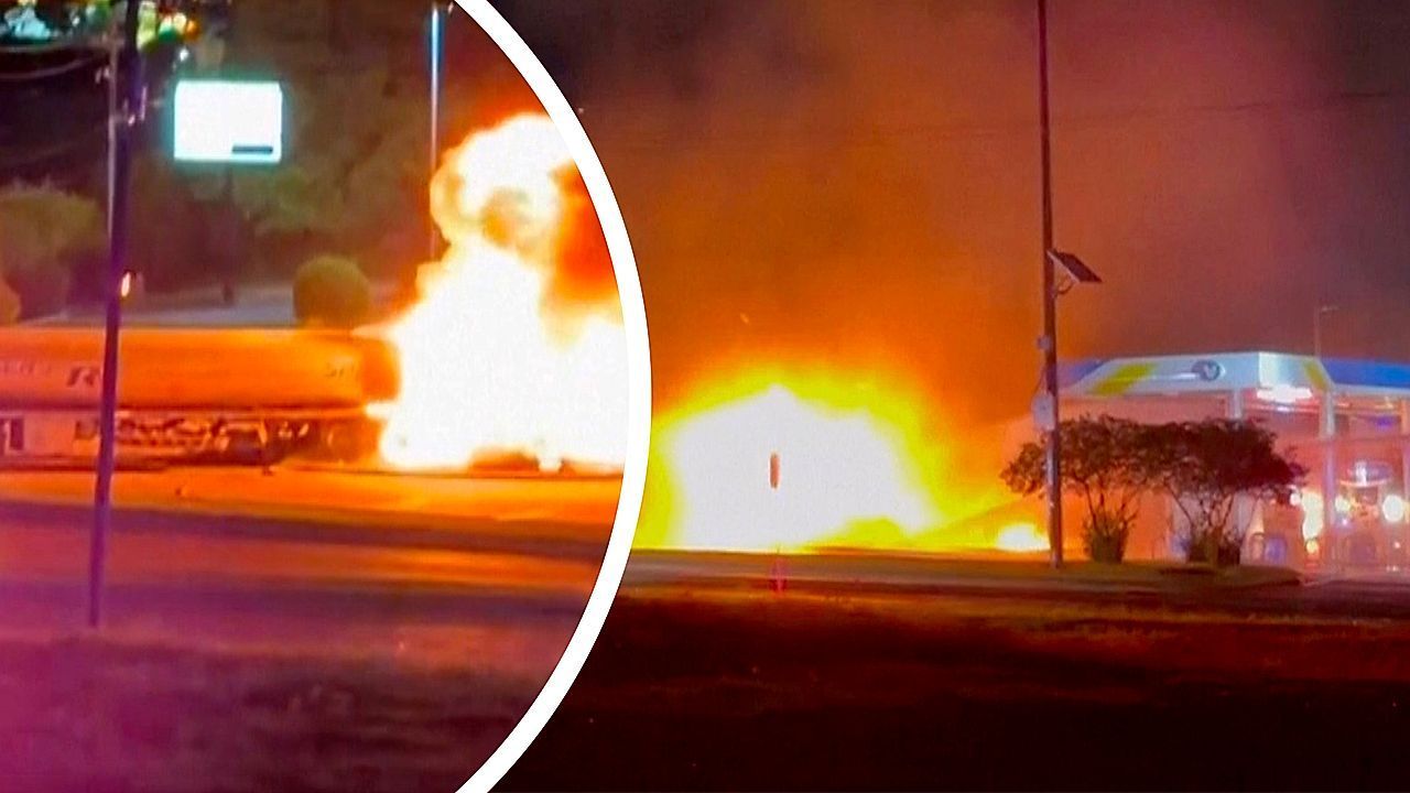 Video: Inferno bei Tankstelle: Benzinlaster in Texas fängt nach Unfall Feuer