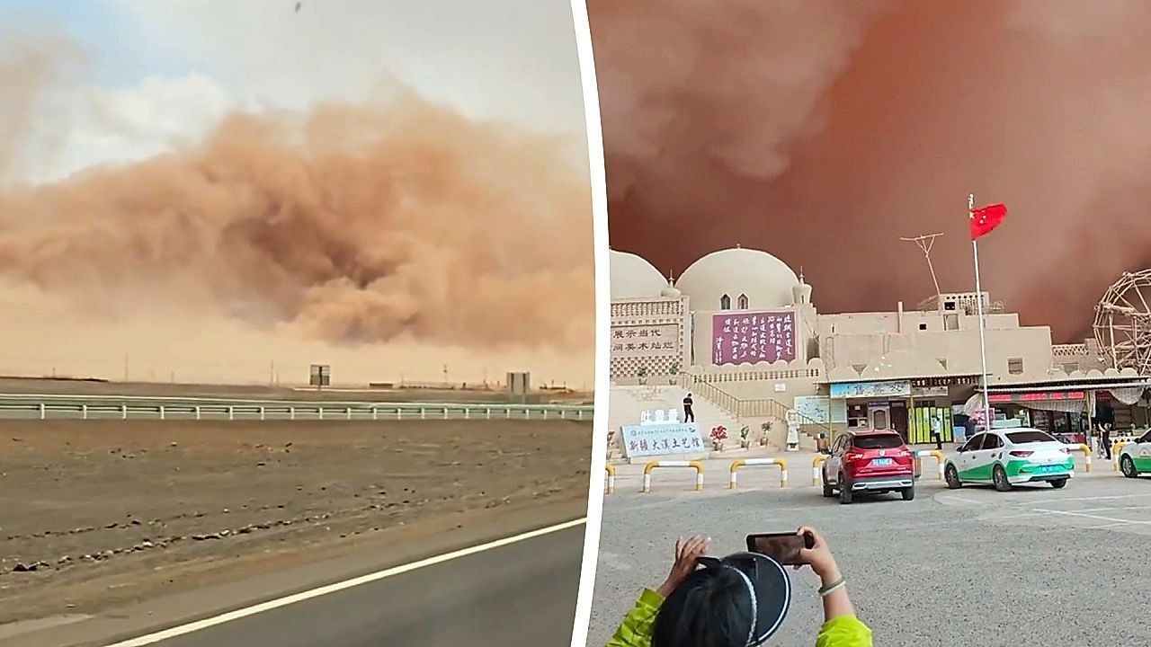 Video: Wand aus Staub: Gewaltiger Sandsturm verschluckt Palast in Xinjiang