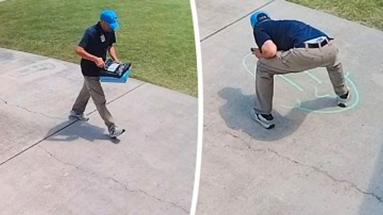 Video: Kurze Pause, große Geste: Postbote ergänzt Kreidezeichnung eines Kindes mit Smiley