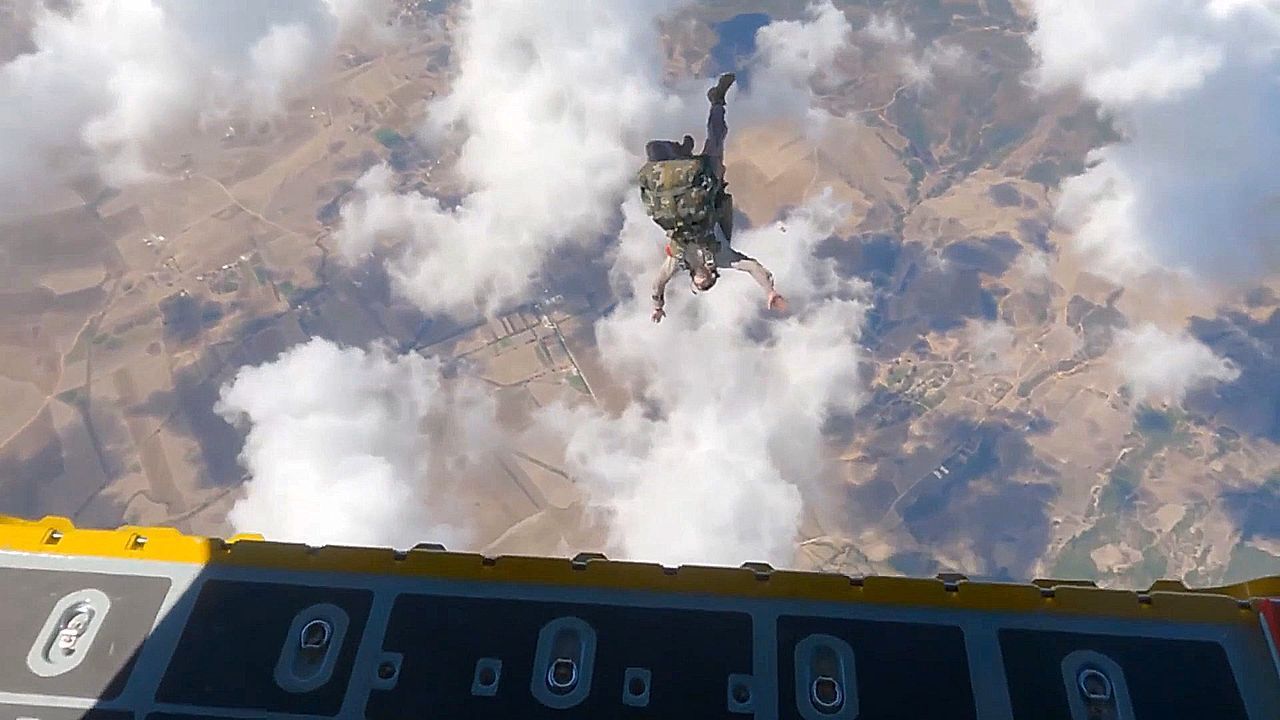 US Marines and Tunisian troops undertake parachuting exercise, captured in first-person