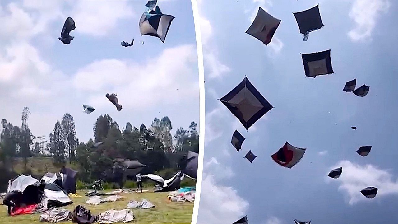 Video: Chaos am Vulkan: Wirbelwind schleudert Dutzende Zelte in die Luft
