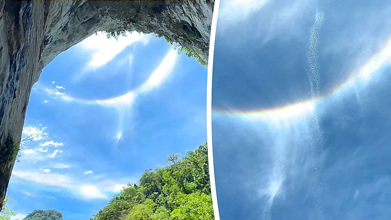 Rare double optical phenomenon forms over waterfall at Brazilian cave