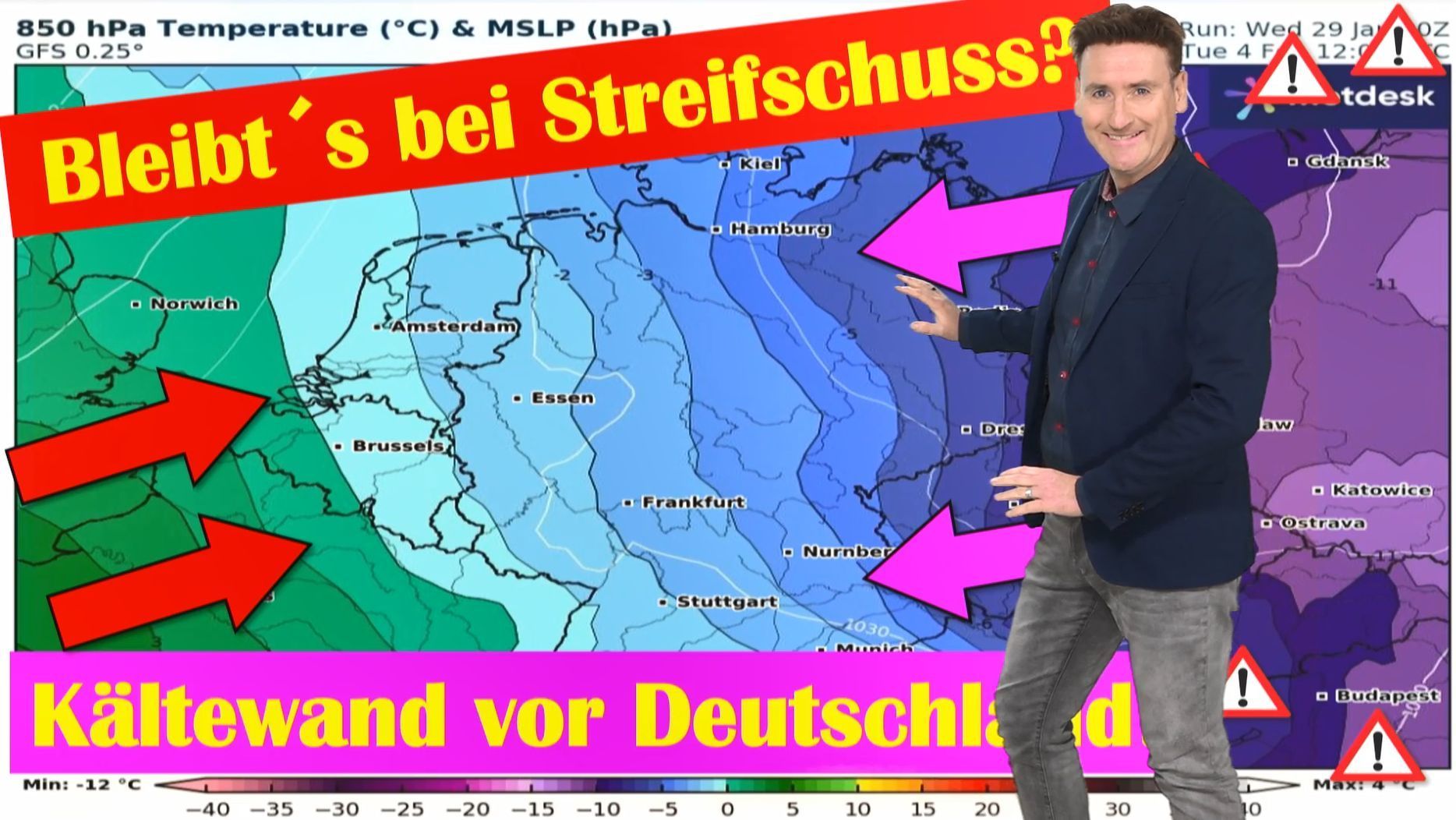 Wetterkarte mit Temperaturverlauf für Deutschland am 29. Januar 2025. Diplom-Meteorologe Dominik Jung steht vor der Karte und erklärt die Wetterlage. Rote und pinke Pfeile markieren verschiedene Wetterströmungen. Überschriften in auffälligen Farben warnen vor einer möglichen Kältewand über Deutschland und stellen die Frage: „Bleibt’s bei Streifschuss?“. Warnsymbole betonen die brisante Wetterlage.