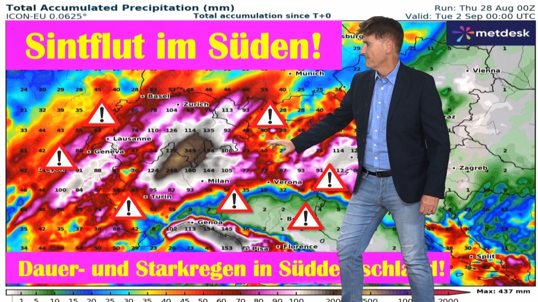 Video: Meteorologe warnt vor Lebensgefahr südlich der Alpen