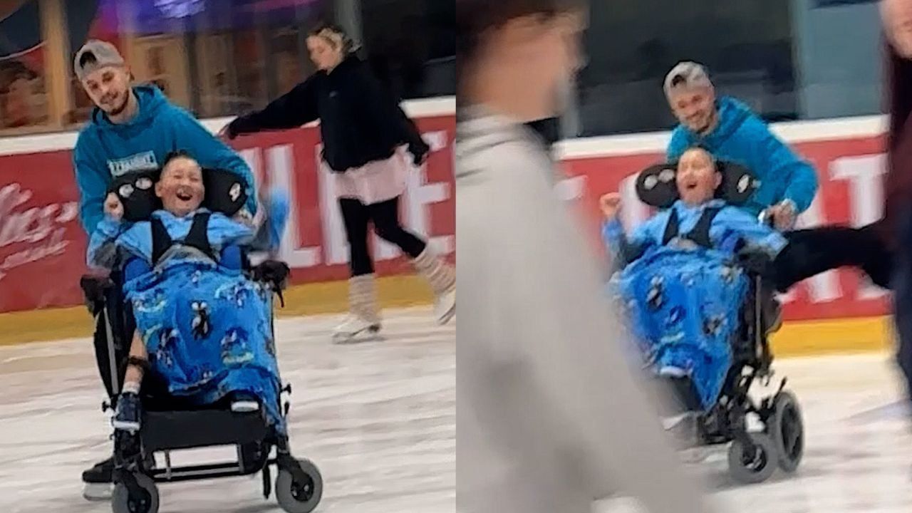 Video: Junge mit zerebraler Lähmung strahlt, als ein Fremder mit ihm eine Runde auf dem Eis dreht